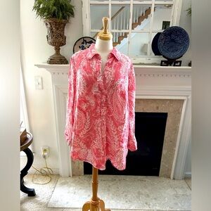Talbots Coral and White Floral Linen Blouse